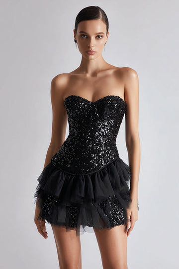 Bustier scintillant corset trapèze petite robe noire à sequins